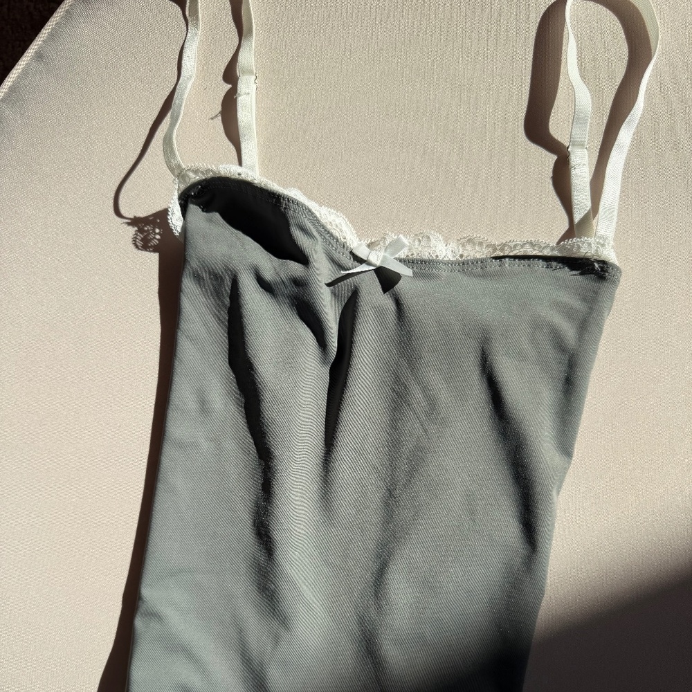 Soft Gray Lace Trim Cami Top with Bow Detail